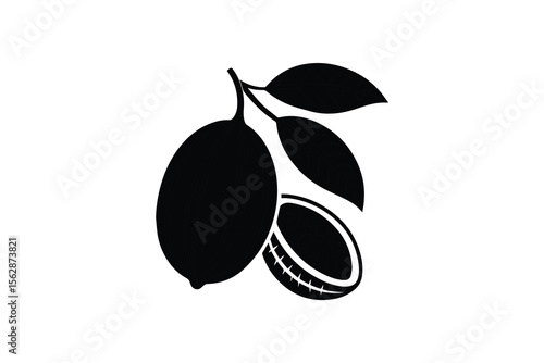 Shea Nut and Leaves Vector Illustration in Silhouette Style
