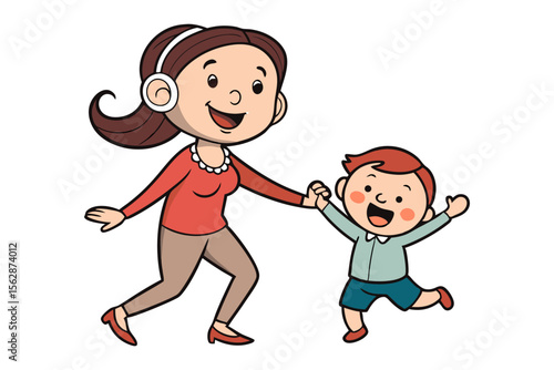 Joyful Journey: A heartwarming illustration of a mother and her child, hand in hand, embarking on a journey filled with happiness and shared experiences.