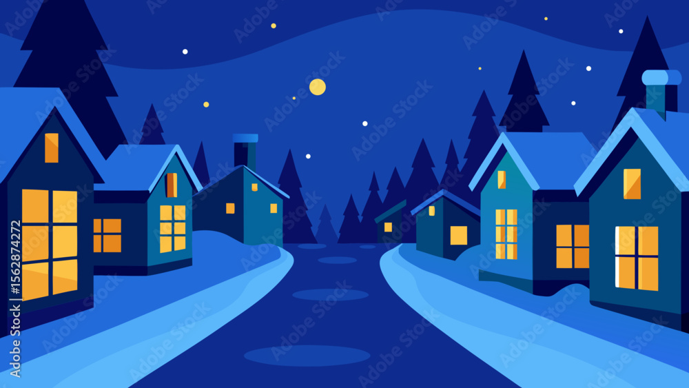 Fototapeta premium Cozy Winter Night Snowy Village Street Scene Illustration