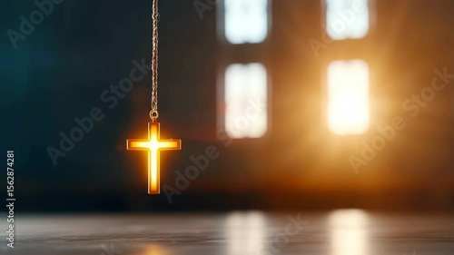 Golden cross pendant necklace glowing in warm sunlight, hanging indoors with blurred background, symbolizing faith, hope, spirituality, and religion, radiant gold glow in peaceful serene atmosphere