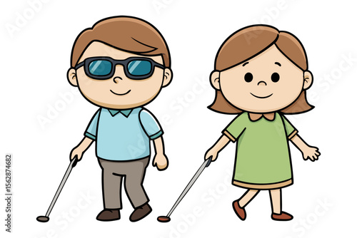 Partners in Guidance: A charming illustration depicts two figures navigating life's path with assistive tools, embodying partnership and independence. Featuring person with visual impairment, focused.