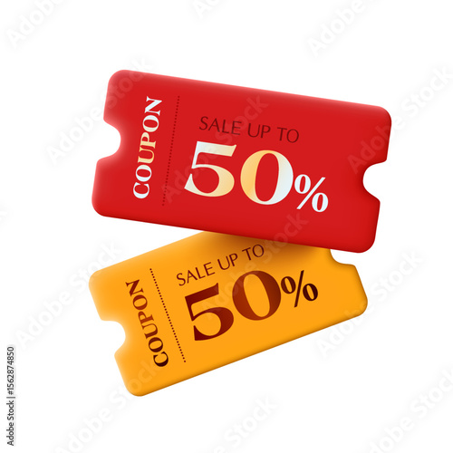 3d couple of red and yellow gift vouchers with coupon code, percentage off, isolated on white background. 3d coupon icon for discount and sale off event in vector illustration. Vector illustration