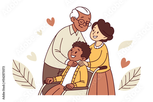 **Family Moments of Warmth:** An illustration of a multigenerational family, where an elderly couple lovingly embraces a child in a wheelchair, symbolizing support and affection.