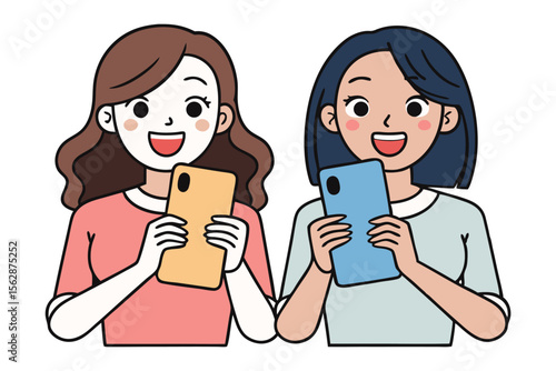 Smiling Together: A radiant depiction of two women, eyes sparkling with joy, each engrossed in their smartphones, embodying the essence of connectivity and digital interaction. 