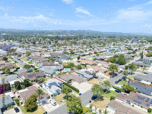 Day time aerial view of the Uptown area of Whittier with house and street, California, USA