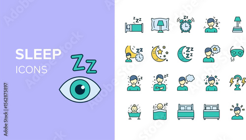 Sleep icons vector set for bedroom rest and night time dreaming concept