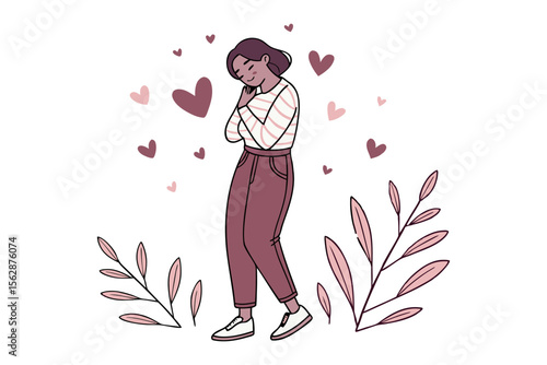 Embracing Self-Love: An illustrated woman surrounded by floating hearts, symbolizing self-acceptance and joy, creating a heartwarming and uplifting scene.