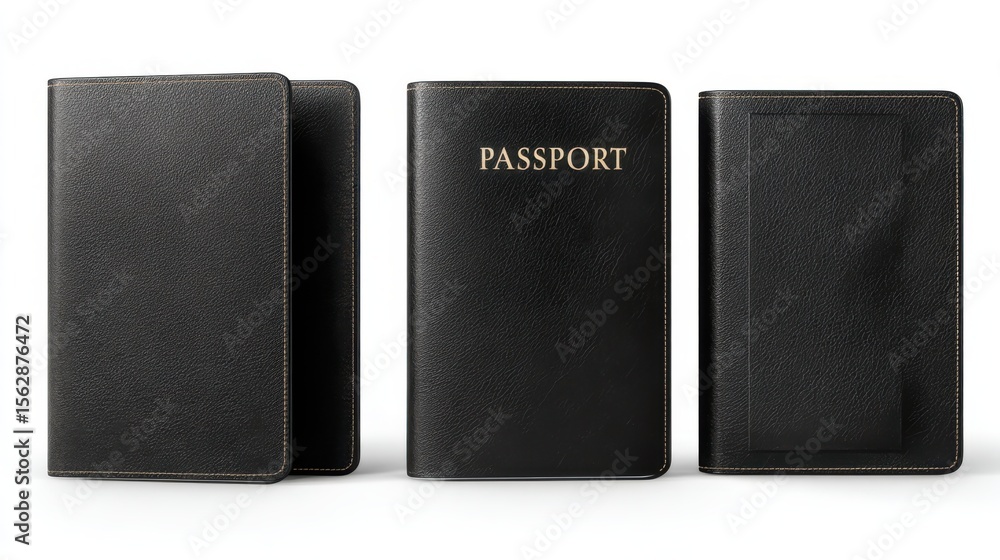 Naklejka premium Ultra quality image of empty blank Passport Mock up isolated on white background.3d rendering. Front, side and back view. open passport mockup.