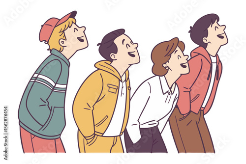 Skyward Gaze: A group of people with cheerful smiles directs their attention upwards, capturing a moment of shared wonder and optimistic observation. 