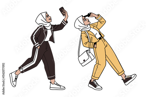 Stylish Muslim Women: Two fashionable Muslim women in stylish sportswear, one taking a selfie and the other posing confidently. This illustration showcases modern Muslim fashion and active lifestyles.