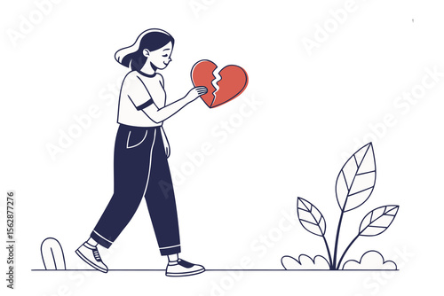 Broken Hearted: A solitary figure walks, clutching a fractured heart, representing the deep pain of heartbreak and the journey toward healing and self-discovery.