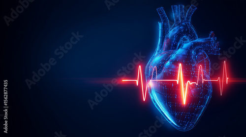 Digital heart model with a red ekg line showing heart activity on a dark blue background display screen