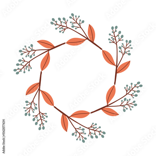 Round frame made of berries and leaves. Woodland wreath. Elegant floral seamless pattern. Template with copy space for wedding invitations and greeting cards. Vector stock illustration.