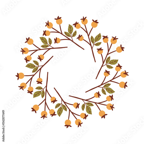 Round frame made of berries and leaves. Woodland wreath. Elegant floral seamless pattern. Template with copy space for wedding invitations and greeting cards. Vector stock illustration.