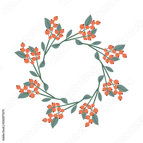 Round frame made of berries and leaves. Woodland wreath. Elegant floral seamless pattern. Template with copy space for wedding invitations and greeting cards. Vector stock illustration.