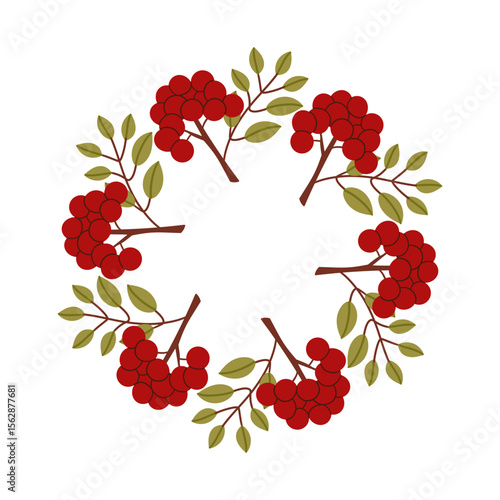 Round frame made of berries and leaves. Woodland wreath. Elegant floral seamless pattern. Template with copy space for wedding invitations and greeting cards. Vector stock illustration.