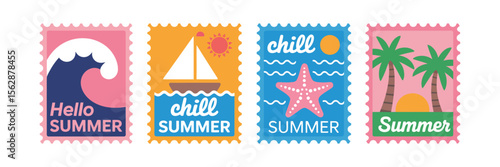 Set of sea, summer postage stamps. Hand drawn, paper cut, collage style. Sea, sun, boat, palm trees, waves, ocean. Design for card, sticker, cover, poster. Vacation, paradise, travel concept.