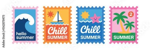 Set of sea, summer postage stamps. Hand drawn, paper cut, collage style. Sea, sun, boat, palm trees, waves, ocean. Design for card, sticker, cover, poster. Vacation, paradise, travel concept.