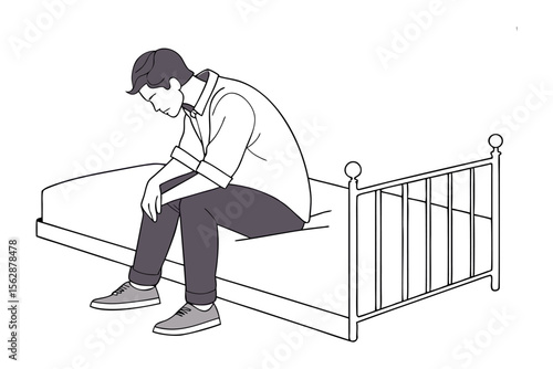 Solitude in Contemplation: A lonesome person sits at the edge of the bed with head bowed in sorrow in a quiet moment of deep contemplation.
