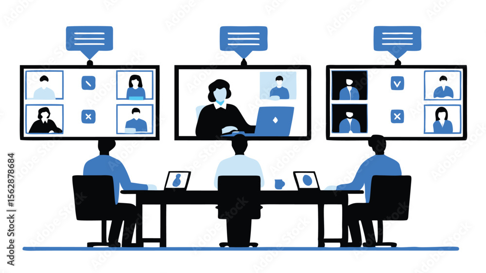 People attending a video conference call with multiple screens and shared data on laptops displayed People attending a video conference call with multiple screens and shared data on laptops displayed
