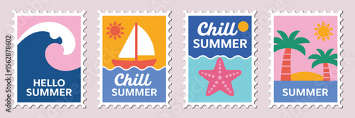 Set of sea, summer postage stamps. Hand drawn, paper cut, collage style. Sea, sun, boat, palm trees, waves, ocean. Design for card, sticker, cover, poster. Vacation, paradise, travel concept.