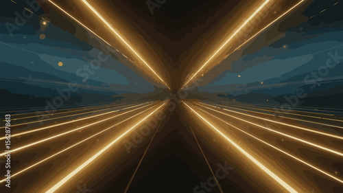 Golden Light Streaks Converging Against Deep Blue Sky abstract dark