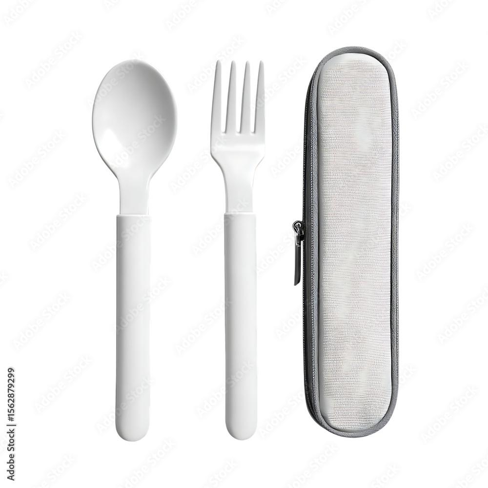Fototapeta premium Portable white spoon and fork set with case