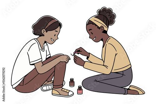 Girl's Day Out: Two young girls engaged in an activity, sharing laughter while applying nail polish, highlighting the joy of friendship and shared experiences.