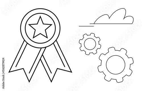 Ribbon with star symbol, two interlocking gears, and a cloud outline. Ideal for achievement, innovation, productivity, teamwork, success, creativity and a simple landing page