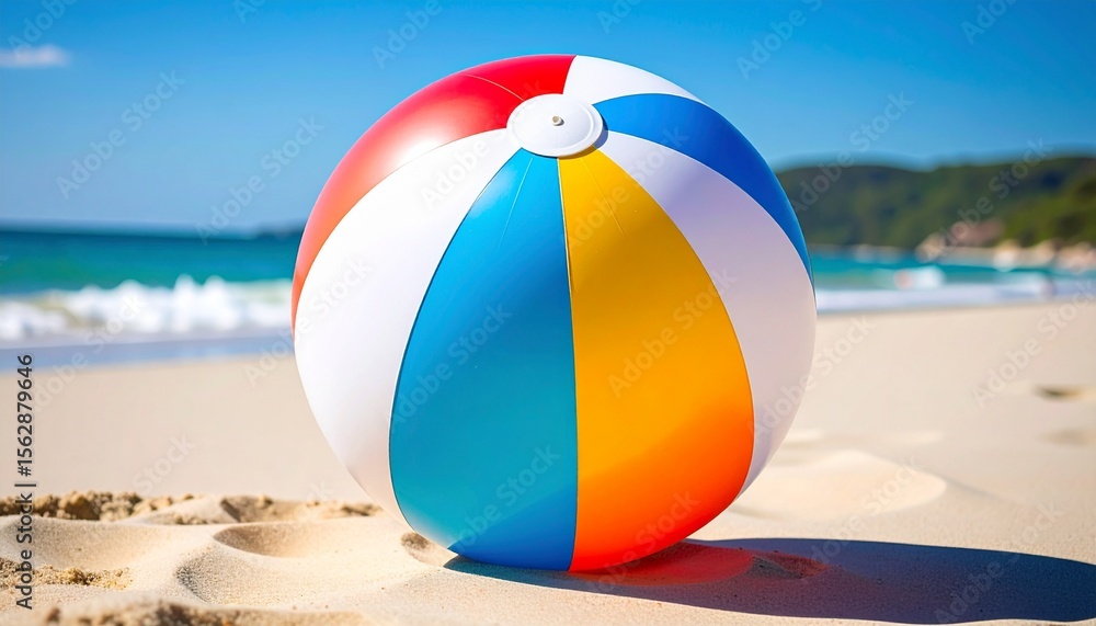 Obraz premium 青い海と白い砂浜で輝く色とりどりのビーチボールが織りなす夏の楽園風景