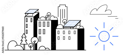Modern city buildings with rooftop solar panels, surrounded by trees, cloud, and a sun. Ideal for sustainability, renewable energy, eco-friendly living, urban planning, clean energy green cities