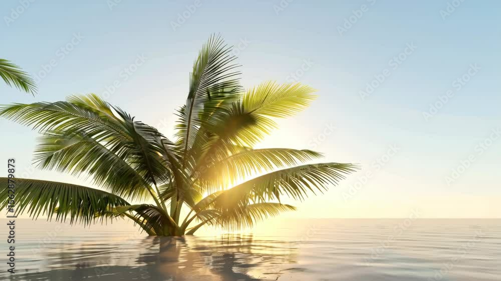 Lone palm tree silhouetted against a stunning sunrise over calm waters, creating a tranquil atmosphere Lone palm tree silhouetted against a stunning sunrise over calm waters, creating a tranquil atmosphere