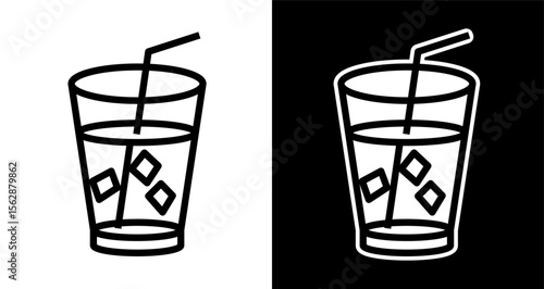 Refreshing Iced Drink Icon Glass with Ice Cubes and Straw - Line Art Illustration
