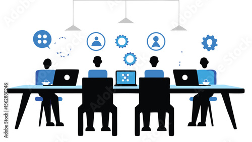 Illustration of a business meeting with four people at a table with laptops and icons above 100 chars