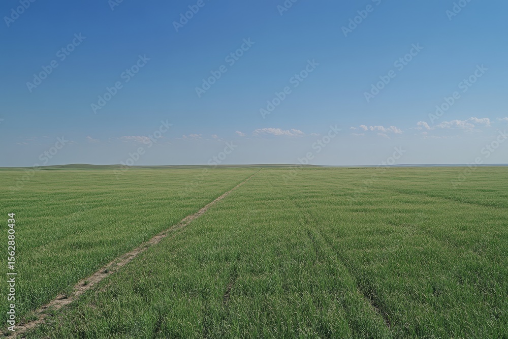 Fototapeta premium Aerial view of a rural field with a dirt track, clear blue sky, and horizon