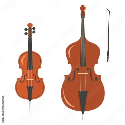 Set of Classical Orchestral Stringed Bowed Instruments Violin, Viola, Cello