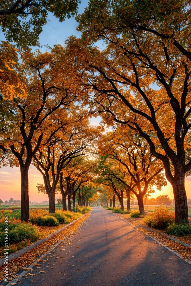 Naklejka premium Autumnal tree-lined avenue at sunrise