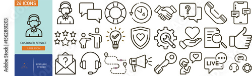 Comprehensive Customer Service Line Icons: 24 Editable Stroke Vector Graphics for Websites and Apps