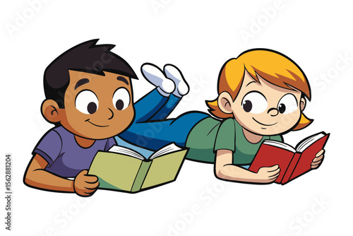 Kids' Reading Delight: Two children, engrossed in their books, lie on their stomachs, their faces alight with the thrill of reading, enjoying a world of adventure and knowledge.