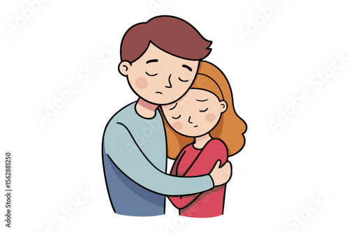 Compassionate Embrace: A tender illustration of two figures, a man and a woman, locked in a comforting embrace, depicting solace, compassion, and emotional support. 