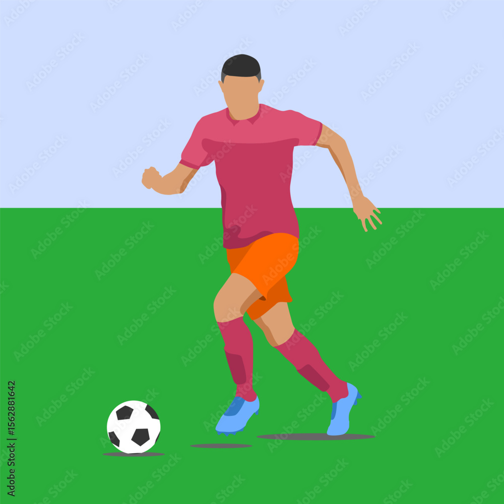 Fototapeta premium Illustration Vector Style Football Soccer player dribbling ball on green field during game