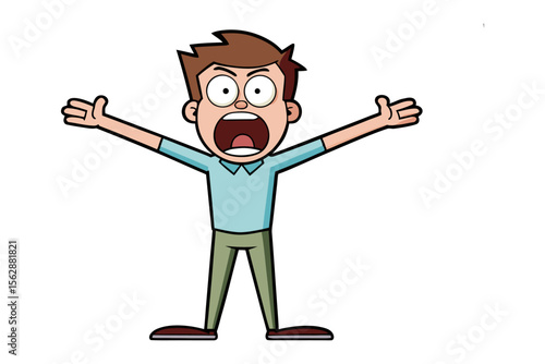 Surprised expression: A person with wide open eyes and mouth. Open arms expressing of amazement or terror.