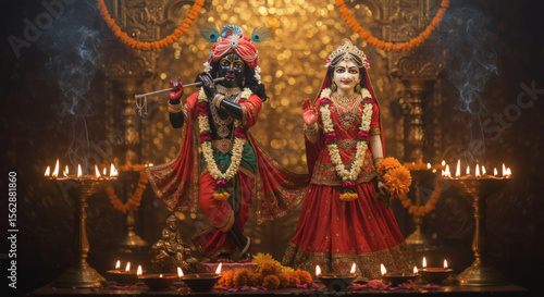Traditional Radha Krishna Decor with Marigold and Diyas