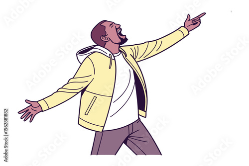 Overjoyed Illustration: A man celebrates and points with his arms wide open.  An illustration that expresses happiness and victory.