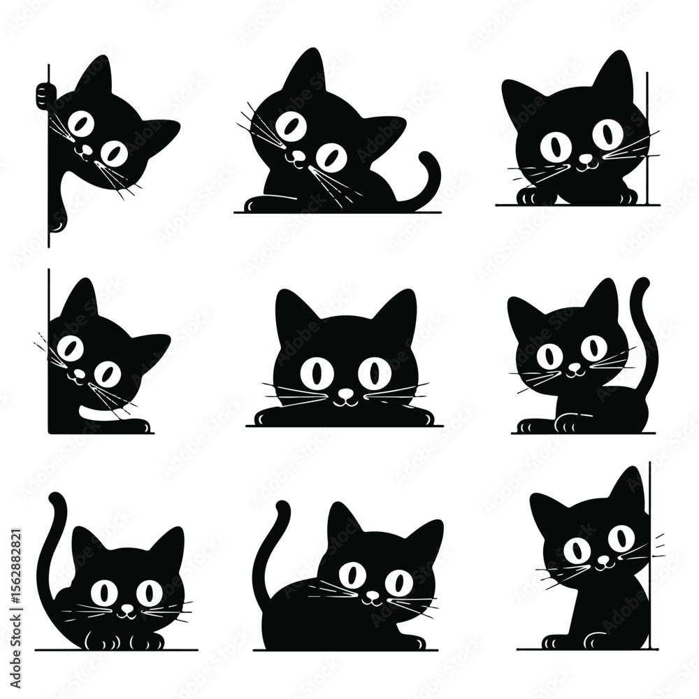 Black Cat Cartoon Set Peeking Over Edge on White Background Black Cat Cartoon Set Peeking Over Edge on White Background