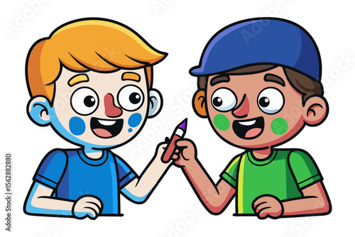 Colorful Friendship: Two animated boy figures sharing a colorful crayon, symbolizing the bond of friendship, collaboration, and creative partnership. This artistic composition embodies positivity.