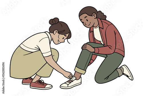 Tying Shoelace: An individual assists in tying a shoelace, exemplifying acts of kindness and support within a simplified illustrative scene.