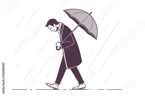 Solitary Stroll in the Downpour: A solitary individual walks alone in the rain holding umbrella expressing a sense of introspection or melancholy in the face of the inclement weather.