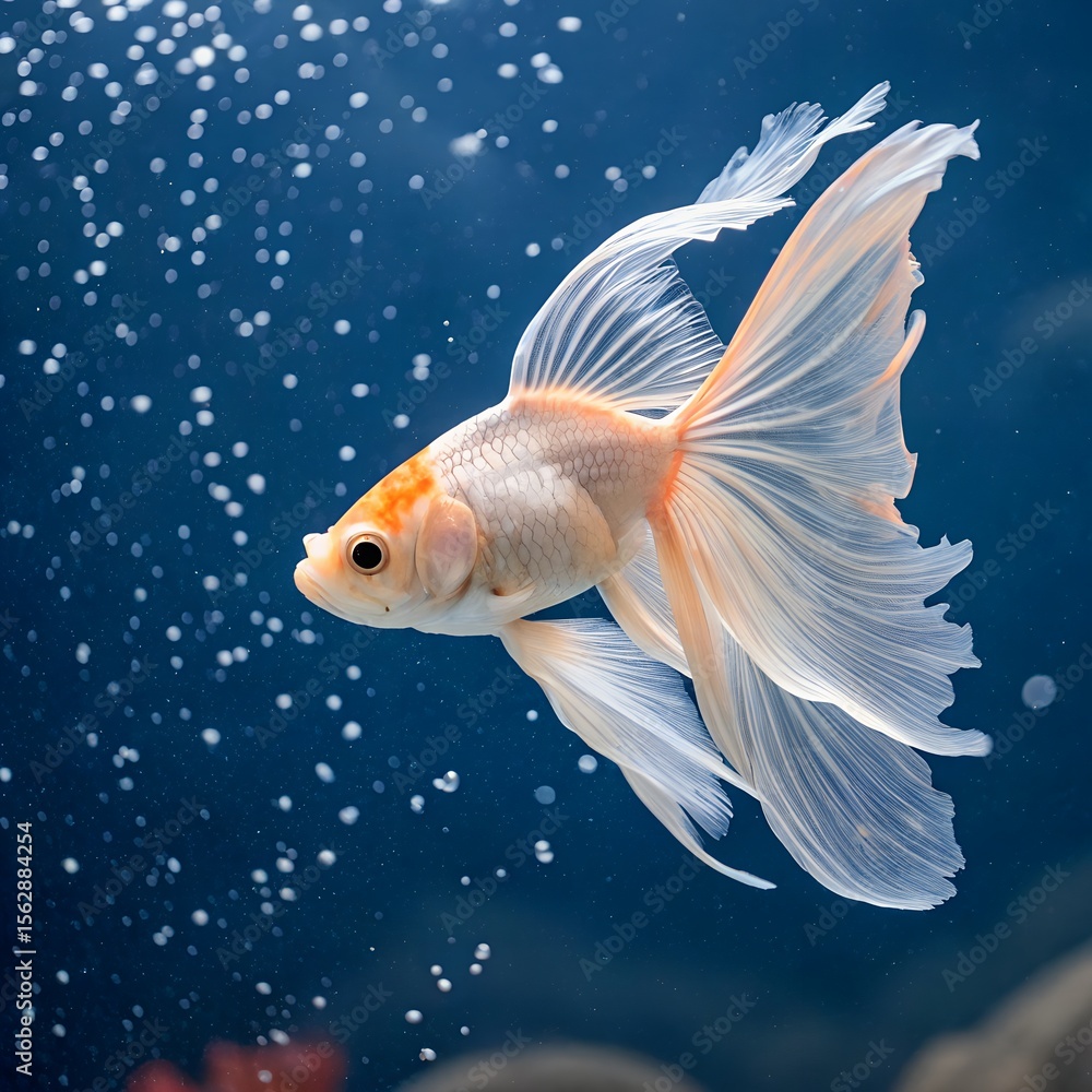 Fototapeta premium An isolated golden goldfish with orange and white fins swims underwater in an aquarium