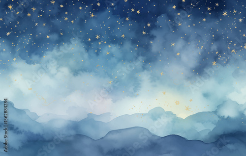 Watercolor Night Sky Vector Illustration. Vast night sky overflowing with stars. The background is a deep, inky blue with washes of purple and black. The stars are in a variety of sizes and shapes